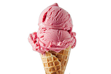 strawberry ice cream in a crispy waffle sugar cone isolated. Transparent PNG image, cutout, cut-out