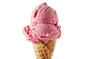 strawberry ice cream in a crispy waffle sugar cone isolated. Transparent PNG image, cutout, cut-out