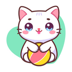 Cute little cat playing ball with big eyes. Cartoon digital art illustration. Isolated on white