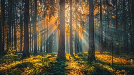 The sun is shining through the trees, casting a warm glow on the forest floor. The trees are tall and leafy, creating a peaceful and serene atmosphere