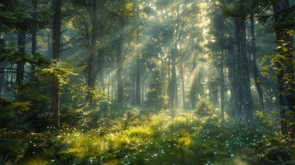 A forest with sunlight shining through the trees. The light is casting a warm glow on the grass and leaves. The scene is peaceful and serene, with the sunlight creating a sense of calm and tranquility