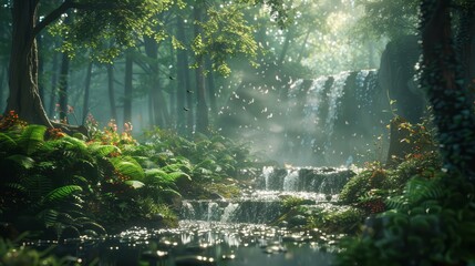 Fototapeta premium A lush green forest with a waterfall and a stream. The water is clear and the sunlight is shining through the trees