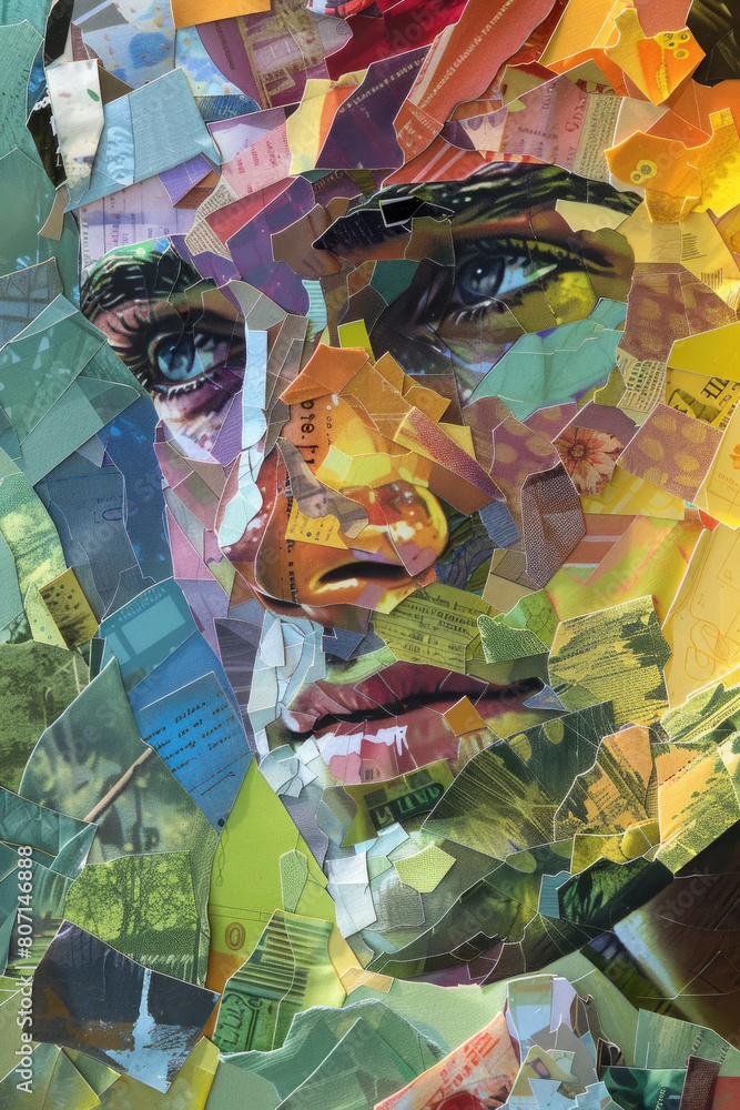Poster a collage displaying a mans face with various vibrant colors, creating a striking and diverse visual