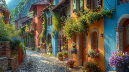 A colorful street with houses and flowers. The houses are painted in different colors and have balconies with potted plants. The street is lined with trees and bushes