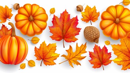   A row of autumn leaves and acorns against a white background