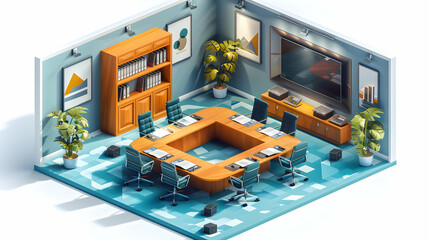 3D Flat Icon of Boardroom Brilliance: Strategic Brilliance Captured in Watercolor Isometric Scene