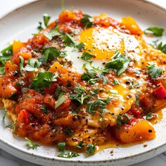 shakshouka, a dish of meat, cheese, and vegetables, is served on a white plate with a silver fork the dish is accompanied by an orange carrot and a white