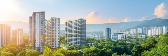 A sprawling urban landscape with lush greenery set against a backdrop of mountains and clear blue skies - Powered by Adobe