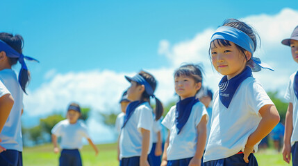 白い体操服と紺色のハーフパンツを履いて屋外で並んでいる日本人の小学生たち