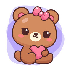 Cute little happy bear hugging heart. Cartoon digital art illustration. Isolated on white