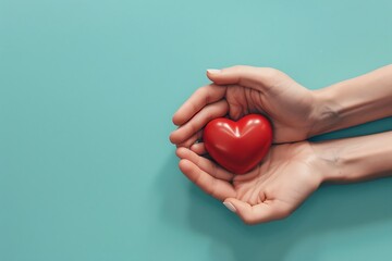 two hands gently cradling a vibrant red heart against a smooth, flat blue background