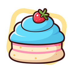 Cute and delicious dessert cartoons with strawberry on top, Cartoon digital art illustration, Isolated on white