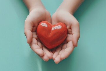 two hands gently cradling a vibrant red heart against a smooth, flat blue background
