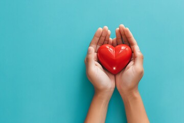 two hands gently cradling a vibrant red heart against a smooth, flat blue background