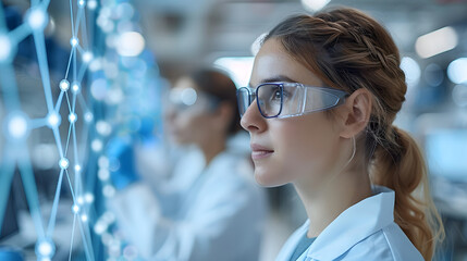 A woman in a laboratory coat, intently analyzing data on a tablet, representing scientific research, technology, and innovation in the lab