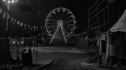 Realistic outdoor nighttime black and white photo of an abandoned, ramshackle fairground with a...