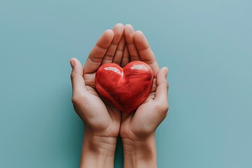 two hands gently cradling a vibrant red heart against a smooth, flat blue background