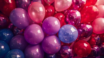 A bunch of balloons in different colors, including red, blue, and purple. The balloons are arranged in a way that creates a sense of movement and energy. The image conveys a festive