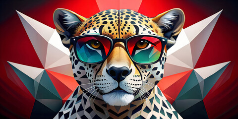 The brightly coloured cheetah, wearing red framed glasses, is depicted against an abstract geometric background of red and white figures. The cheetah's head is detailed and stylised.AI generated.
