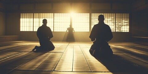 Silhouetted martial artists meditating in a traditional dojo, illuminated by the serene light of the setting sun