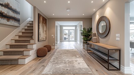 Spacious modern home entrance with wooden staircase, stylish furniture, large artworks, and decorative plants. Contemporary home design with natural light and neutral color palette.