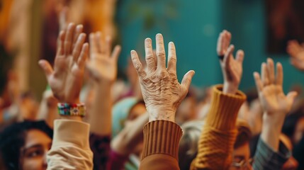 a crowd of diverse people from different age groups raising their hands enthusiastically in an...