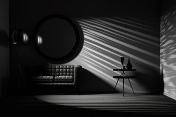Semi-surreal indoor black and white photograph of an empty windowless room with spare furnishings and indirect lighting, light and shadow. From the series �Recurring Dreams," "Twilight Zone."