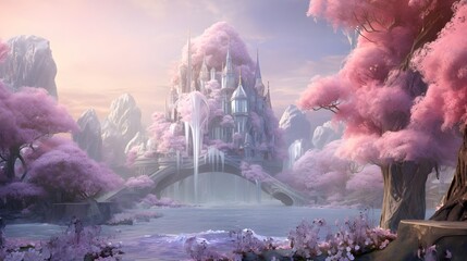 Fantasy landscape with a fantasy castle and a pond. 3d rendering