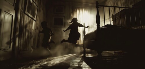 Surreal indoor close-up photograph of children seen in silhouette jumping and floating in a small darkened bedroom, spooky, creepy vibe. From the series �Twilight Zone.� - Powered by Adobe