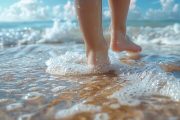 Close-up of bare feet walking through the clear, shimmering waters along a sandy beach under a sunny sky.
