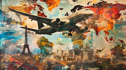 Taking a flight around the world. Collage of art.