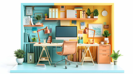 Creative Corner: 3D Flat Icon of an Artistic Office Space Brought to Life with Watercolors in Isometric Scene