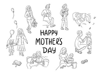 Happy Mothers day doodle contour set. Monochrome black outline drawings of mothers and their babies isolated on white background. Everyday mothers routine. Good for coloring pages, stickers