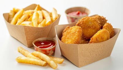 Paper boxes with fries and nuggets on a white background - Powered by Adobe
