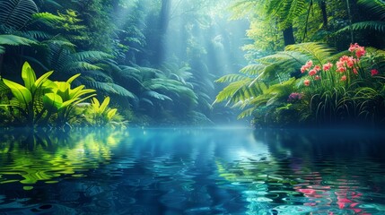 Fototapeta premium A lush green forest with a river running through it. The water is calm and clear, reflecting the trees and sky above. The scene is peaceful and serene, with the sunlight filtering through the leaves