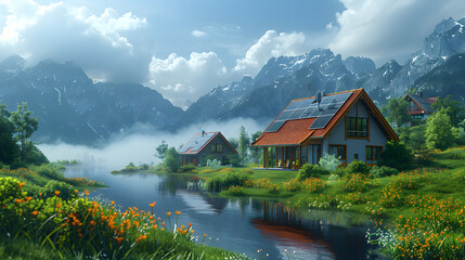 Fototapeta premium Charming mountain cottages with solar panels, nestled beside a serene lake, surrounded by lush greenery and majestic peaks under a bright sky