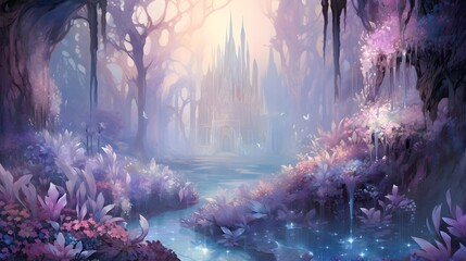 Magic forest with magic fog and fairy tale castle. Fairytale landscape. 3d illustration