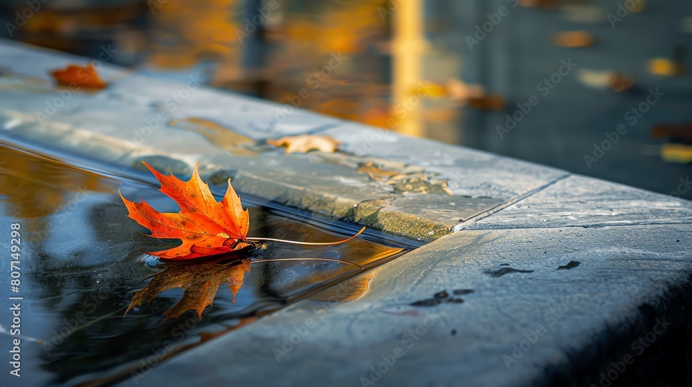 Poster a single red maple leaf floating on the surface of a still pond. the leaf is backlit by the sun, whi