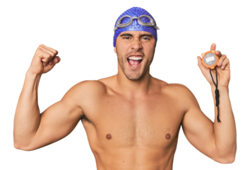 Hispanic male swimmer timing with stopwatch in studio