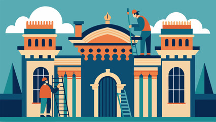 The intricate process of recreating missing sections of a historic façades intricate cornices and moldings by skilled craftsmen.. Vector illustration