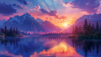 A beautiful mountain landscape with a lake and a sunset in the background. The sky is filled with clouds and the sun is setting, creating a warm and peaceful atmosphere - Powered by Adobe