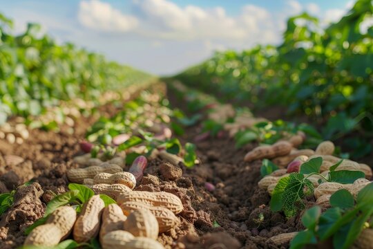Peanut fields with trees fresh plants in a peanut plantation