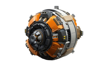 A large orange and white space ship with a black engine, science fiction, isolate on white background.