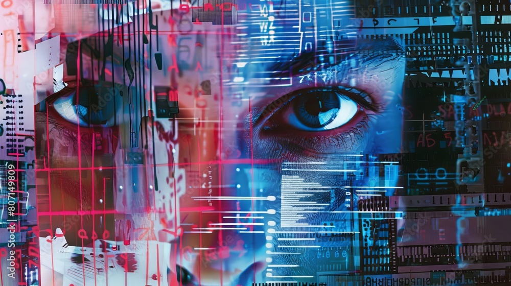 Poster cyber hacking metaphor utilizing computers and networks. art collage.