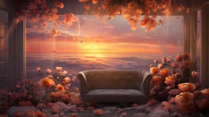 Composite image of living room with flowers and sofa against sunset background
