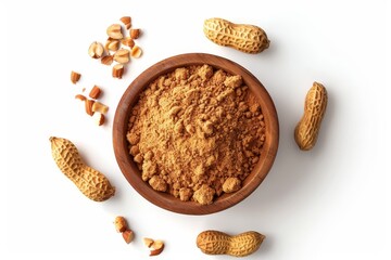 Peanut powder in wooden bowl on white background Top view