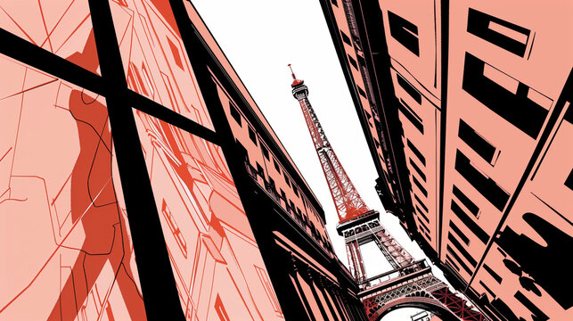 Striking Parisian travel poster in captivating art deco style. Black outlines and cel shading create a timeless appeal.