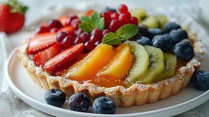 summer fruit tart on white plate topped with sliced strawberries, kiwis, and blueberries, accompanied by a green leaf