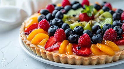 summer fruit tart on white plate with a cup of coffee - Powered by Adobe