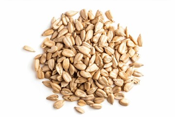 Peeled sunflower seeds on white background top view